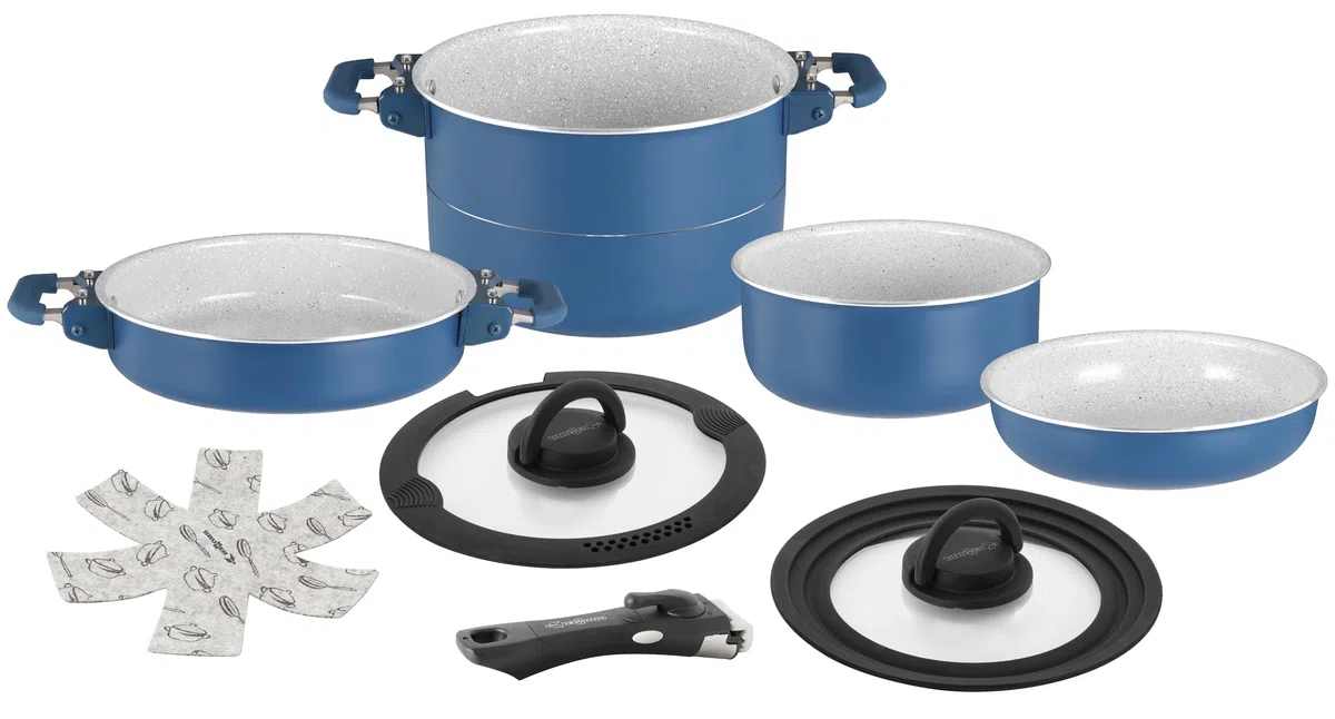 Brunner Carezza Magnetogrip - Set di pentole e padelle in ceramica antiaderenti compatibili con induzione, per camper, roulotte e barca, design impilabile salvaspazio con manici magnetici pieghevoli