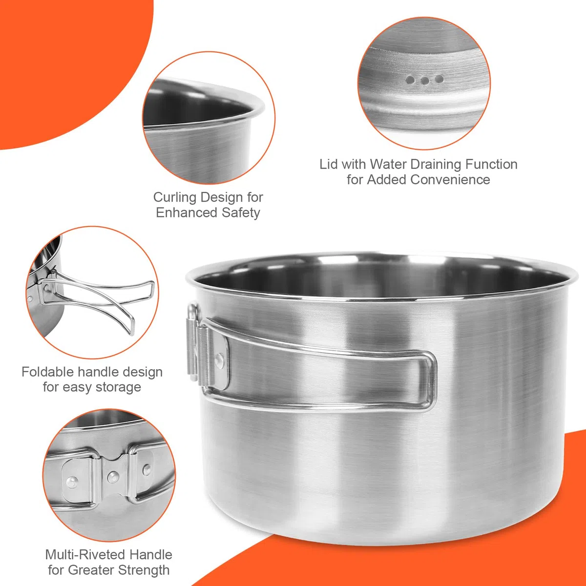 GFTIME Set di pentole da campeggio, in acciaio inox, da campeggio, 5 pezzi