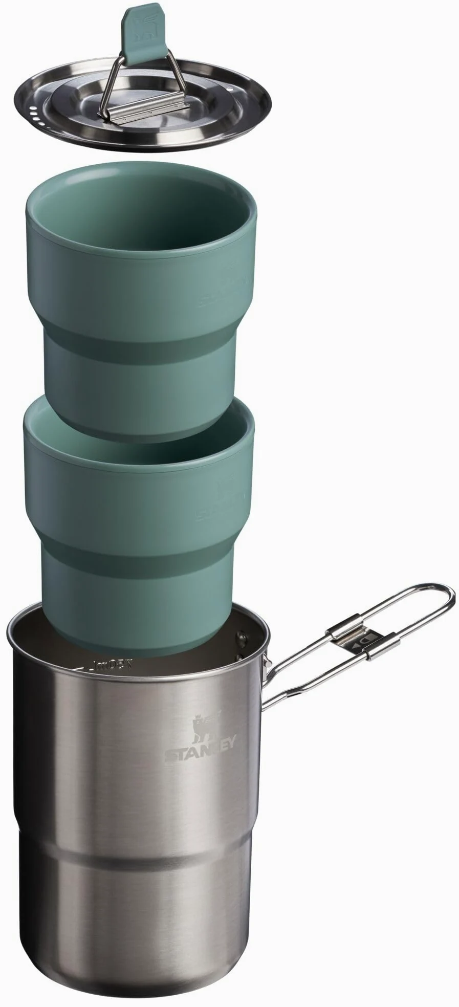 Stanley Wildfare Go Set da Cucina in Acciaio Inox 4 Pezzi | Pentola da 32 oz e Coperchio con Maniglia Pieghevole e Bloccabile | 2 Tazze Impilabili | Elementi Essenziali da Campeggio per la Tua Cucina