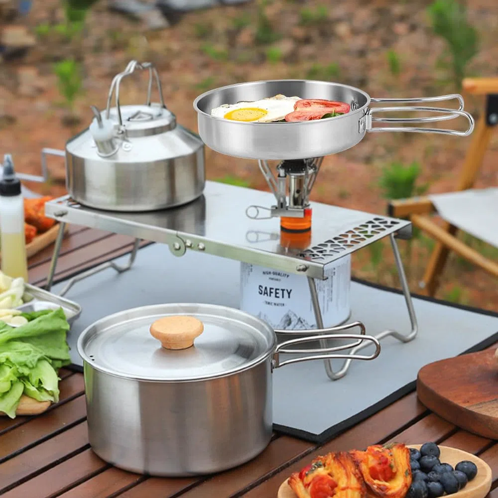 Set di pentole da campeggio, in acciaio inox, con coperchio e manico pieghevole, portatile, per campeggio, escursionismo, pesca, picnic