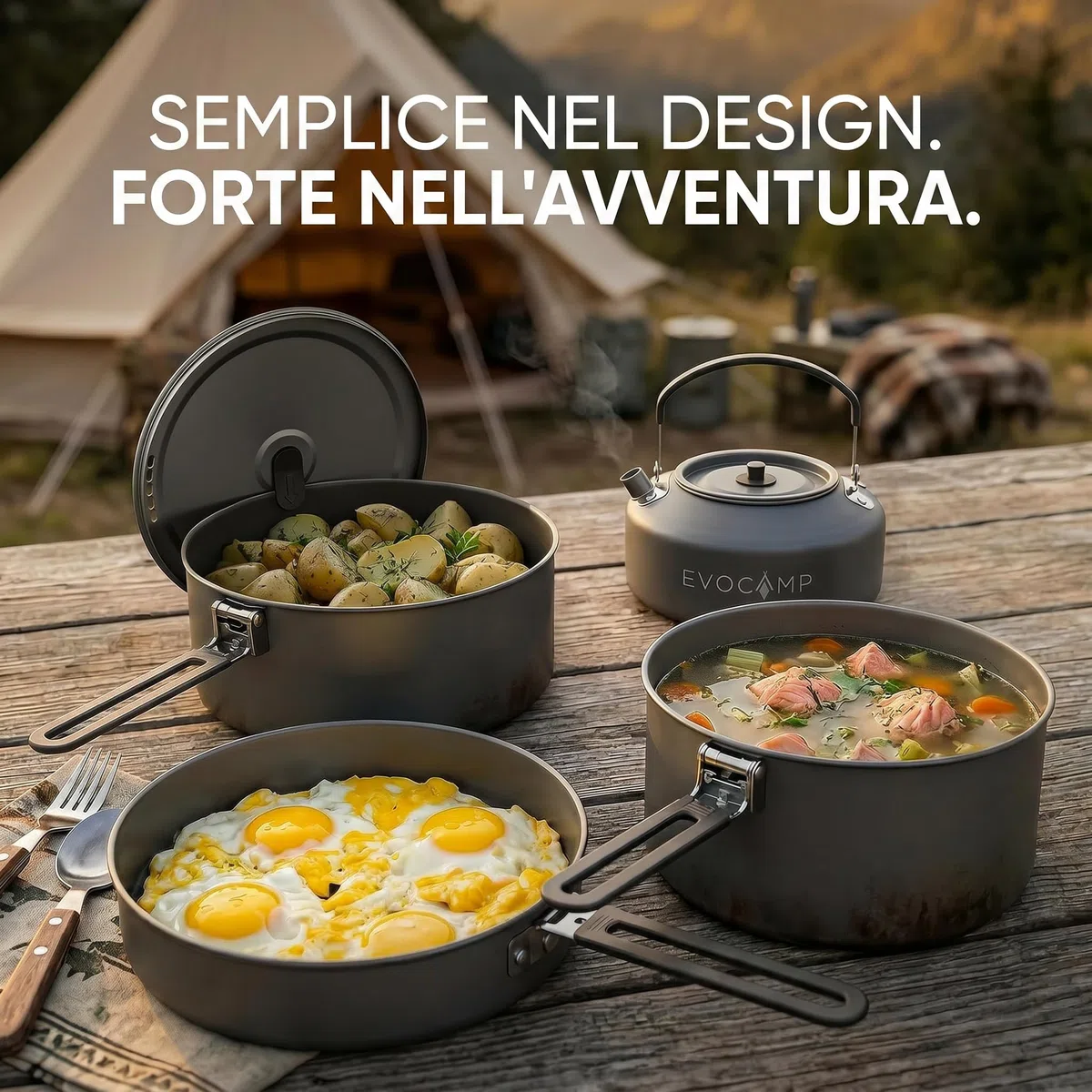 EVOCAMP Set pentole da campeggio 4 pezzi in alluminio, set cucina outdoor leggero e impilabile con manici pieghevoli e borsa da trasporto