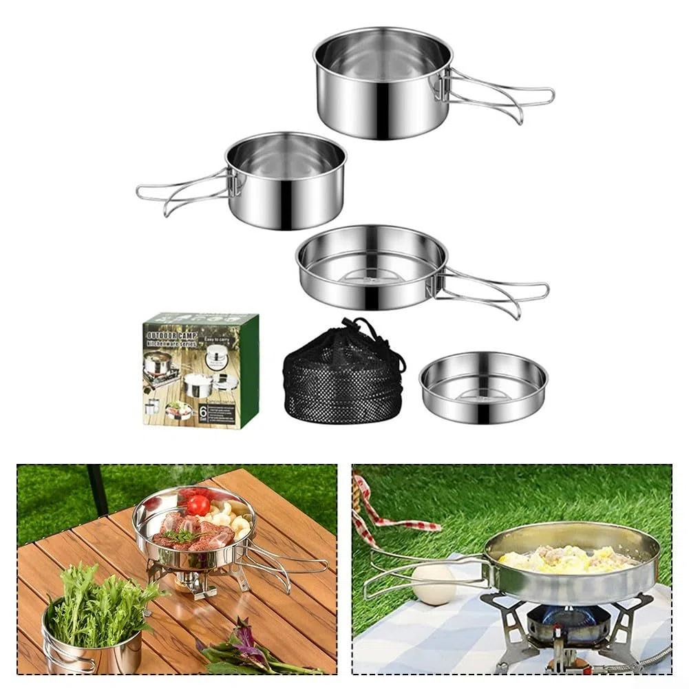 Set di 4 pentole da esterno in acciaio inox portatile da campeggio con manici pieghevoli, per escursioni, picnic, 2-3 persone