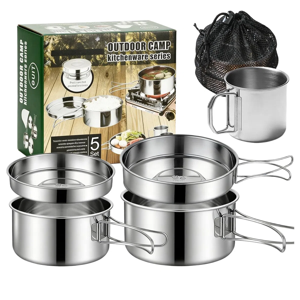 Set di 5 pentole da campeggio, in acciaio inox, da campeggio, da cucina, con coperchio e manico, pieghevole e impilabile, per escursioni, picnic, viaggi