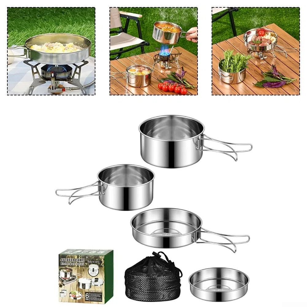 Set di 4 pentole da esterno in acciaio inox portatile da campeggio con manici pieghevoli, per escursioni, picnic, 2-3 persone