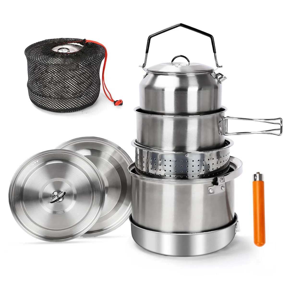 Set di pentole da campeggio Denmay, set di pentole da campeggio in acciaio inox, set di pentole e padelle da campeggio, pentole da campeggio in acciaio inox per cucina da campeggio, 5 pezzi