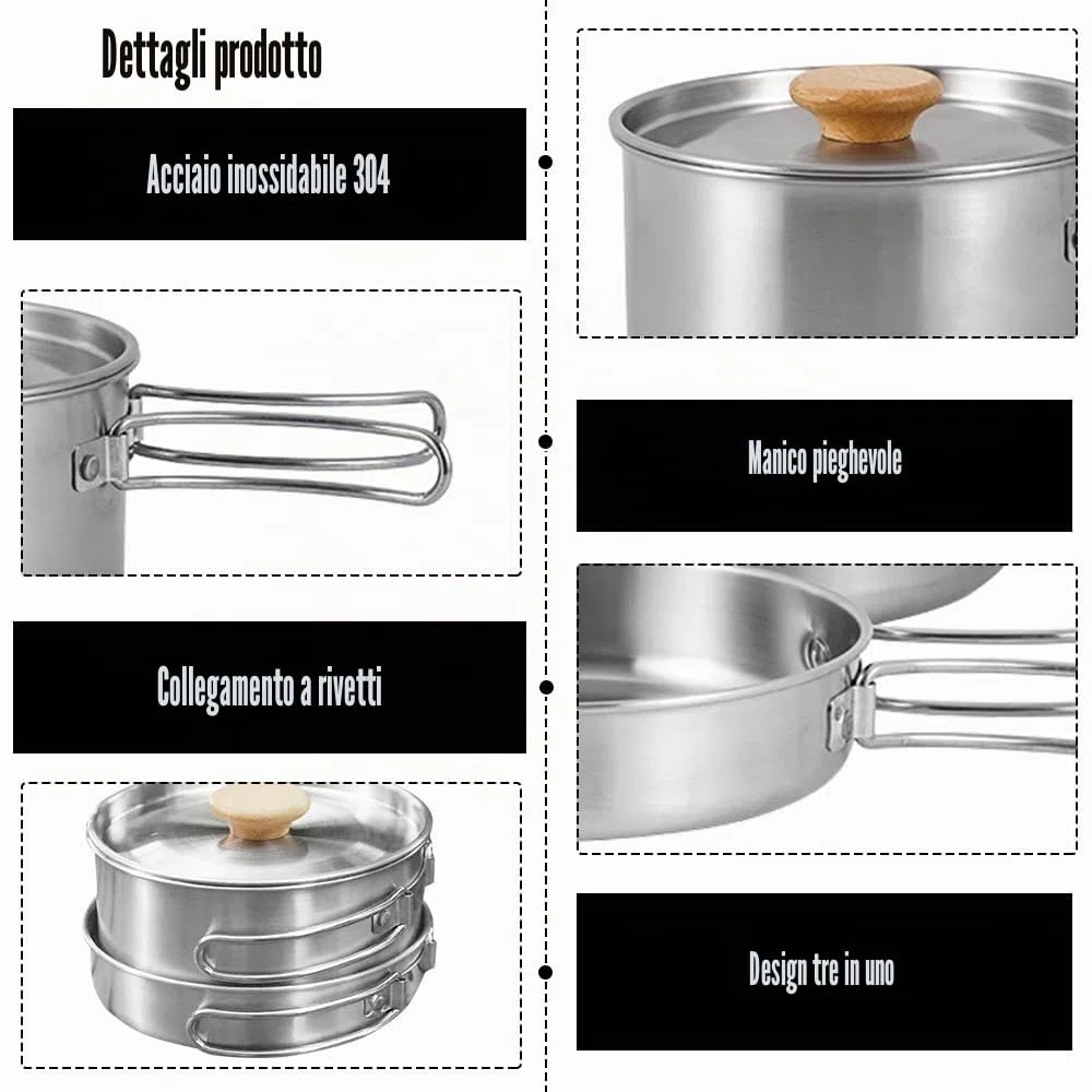 Set di pentole da campeggio, in acciaio inox, con coperchio e manico pieghevole, portatile, per campeggio, escursionismo, pesca, picnic