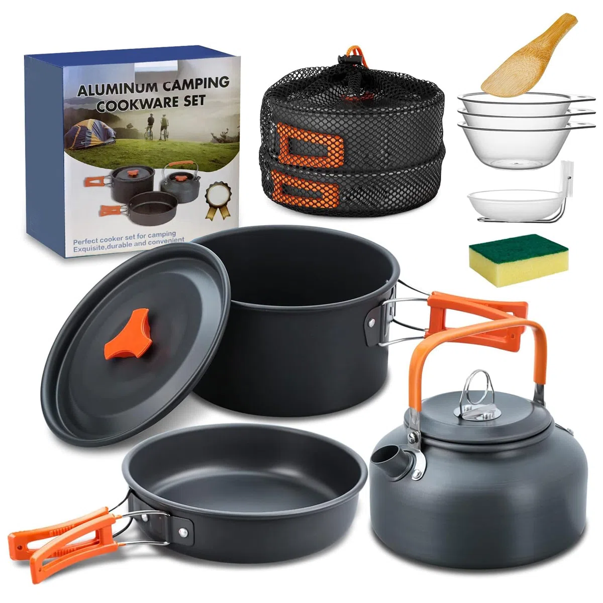 10 PCS Campeggio Pentole Utensili Set per 3-4 Persone, Campeggio Pentole Utensili Set da Cucina, Outdoor Bollitore Padella per Campeggio, Trekking Escursioni Cucina Outdoor e Picnic