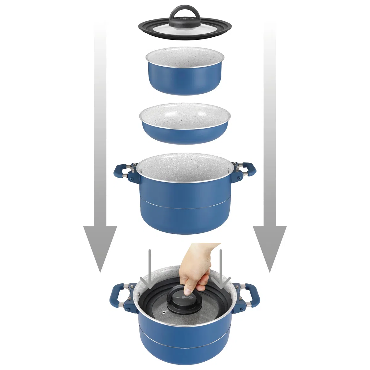 Brunner Carezza Magnetogrip - Set di pentole e padelle in ceramica antiaderenti compatibili con induzione, per camper, roulotte e barca, design impilabile salvaspazio con manici magnetici pieghevoli