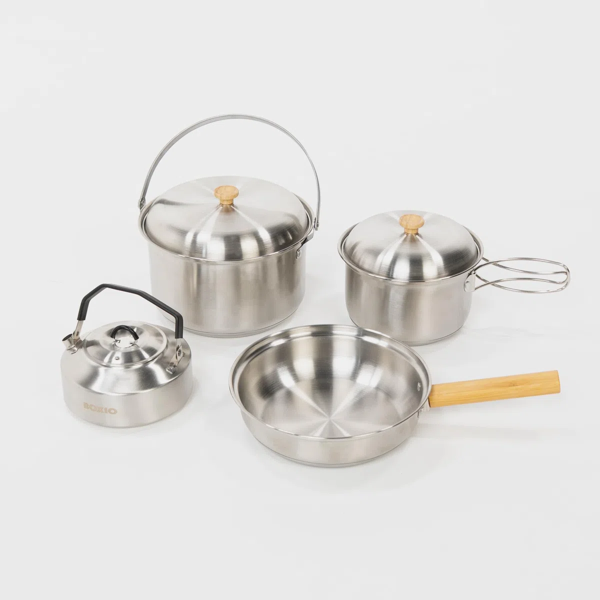 BOXIO - Cookware: padella da campeggio e set di pentole in acciaio inox da campeggio con padella, bollitore e pentole, ideale per cucina da campeggio, fornello a gas o fornello da campeggio, cucina