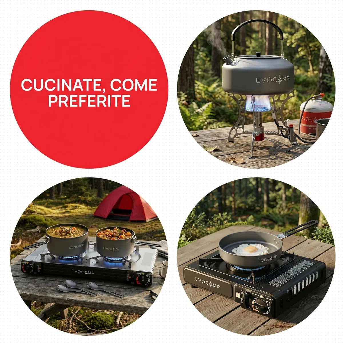EVOCAMP Set pentole da campeggio 4 pezzi in alluminio, set cucina outdoor leggero e impilabile con manici pieghevoli e borsa da trasporto