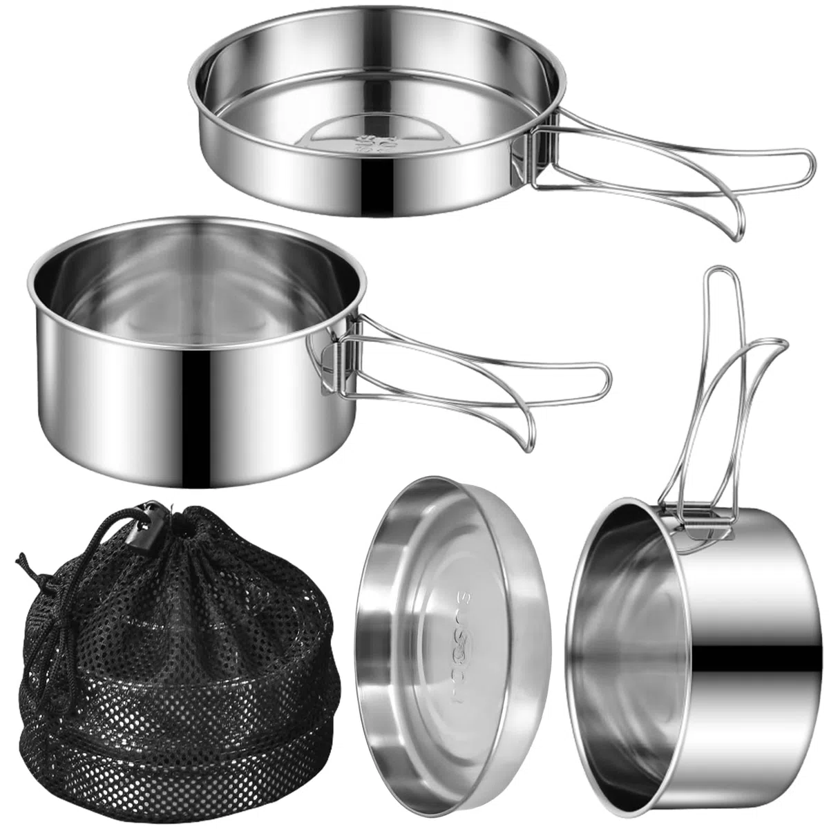Set di 4 pentole da campeggio, in acciaio inox 304, con padella, portatile, set di pentole da campeggio, posate pieghevoli per esterni, per pentole da viaggio, escursionismo