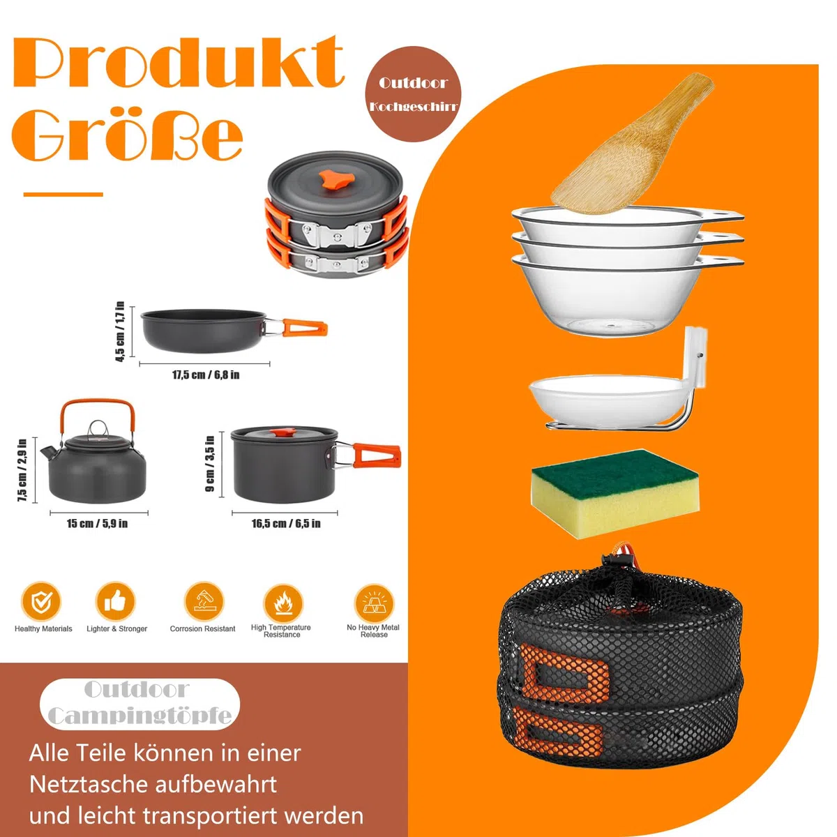 10 PCS Campeggio Pentole Utensili Set per 3-4 Persone, Campeggio Pentole Utensili Set da Cucina, Outdoor Bollitore Padella per Campeggio, Trekking Escursioni Cucina Outdoor e Picnic