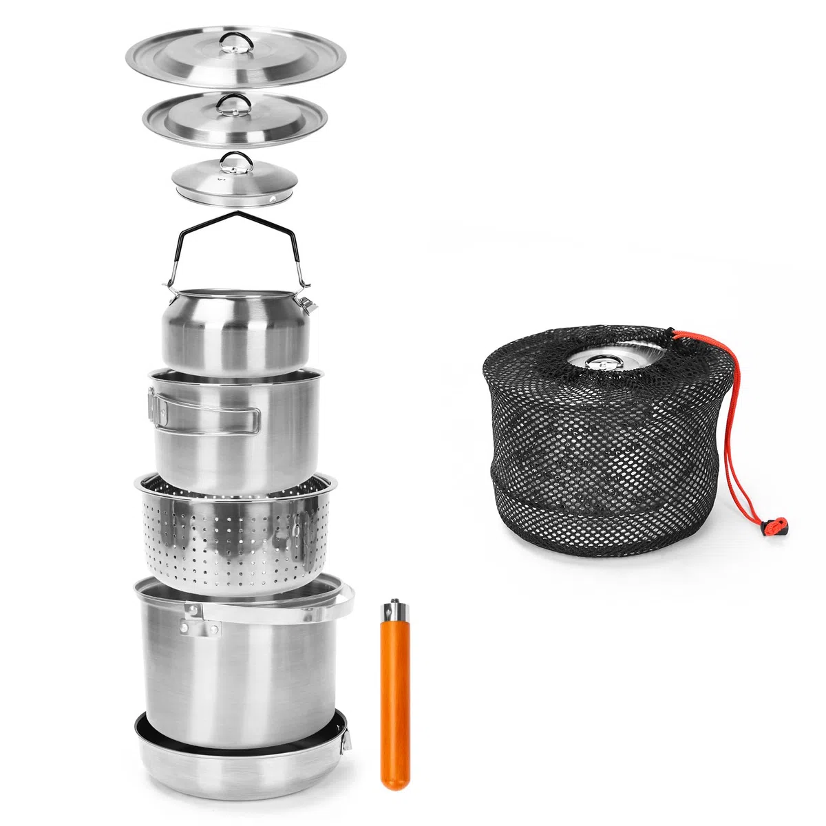 GFTIME Set di pentole da campeggio, in acciaio inox, da campeggio, 5 pezzi